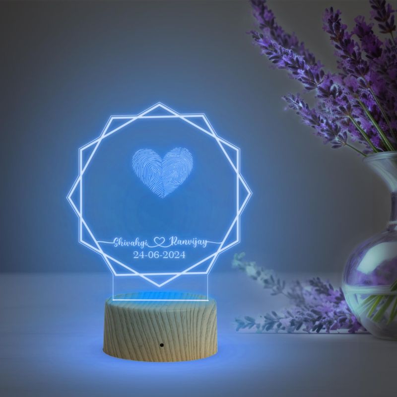 Personalized Hexagon Shape Couple Fingerprint Night Lamp with Multicolored Light Customized Name & Date Gift for Anniversary, Birthday, Wedding, Engagement & Newly Married Couple